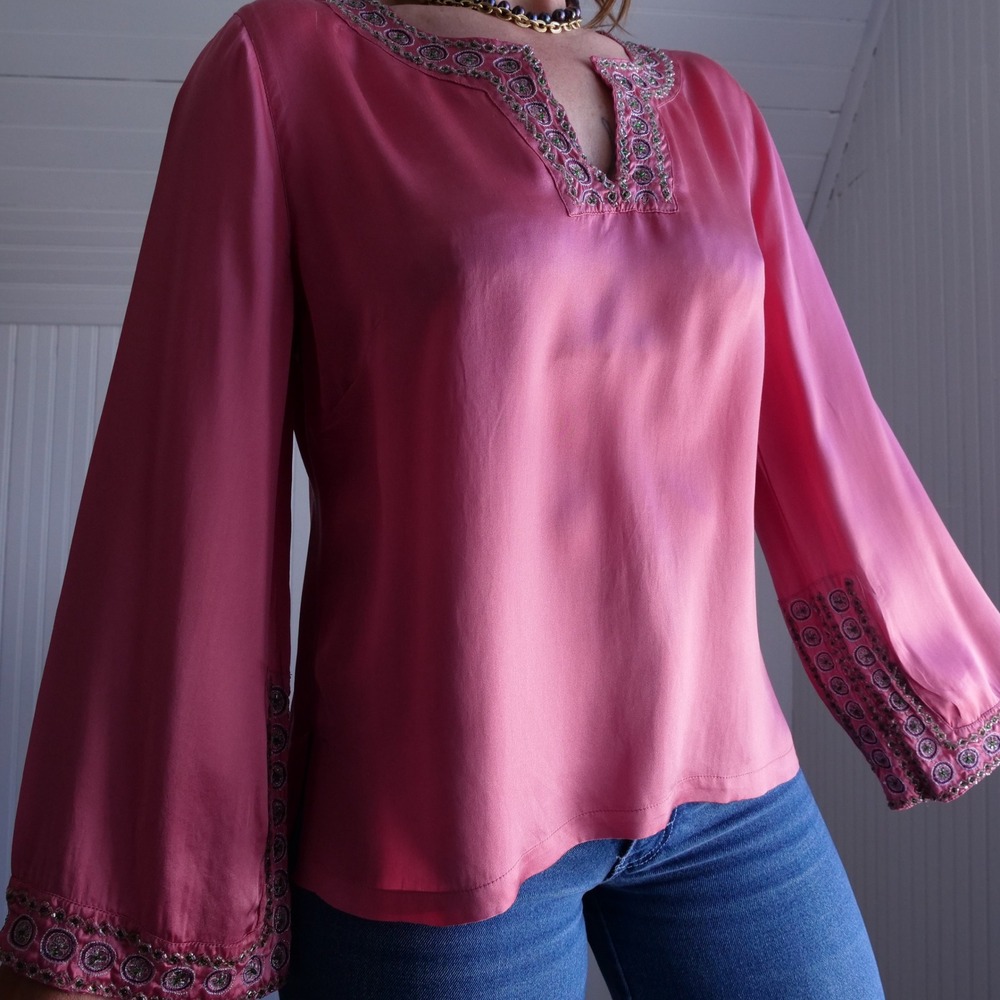Oilily beaded blush pink silk tunic style top with wide bell sleeves